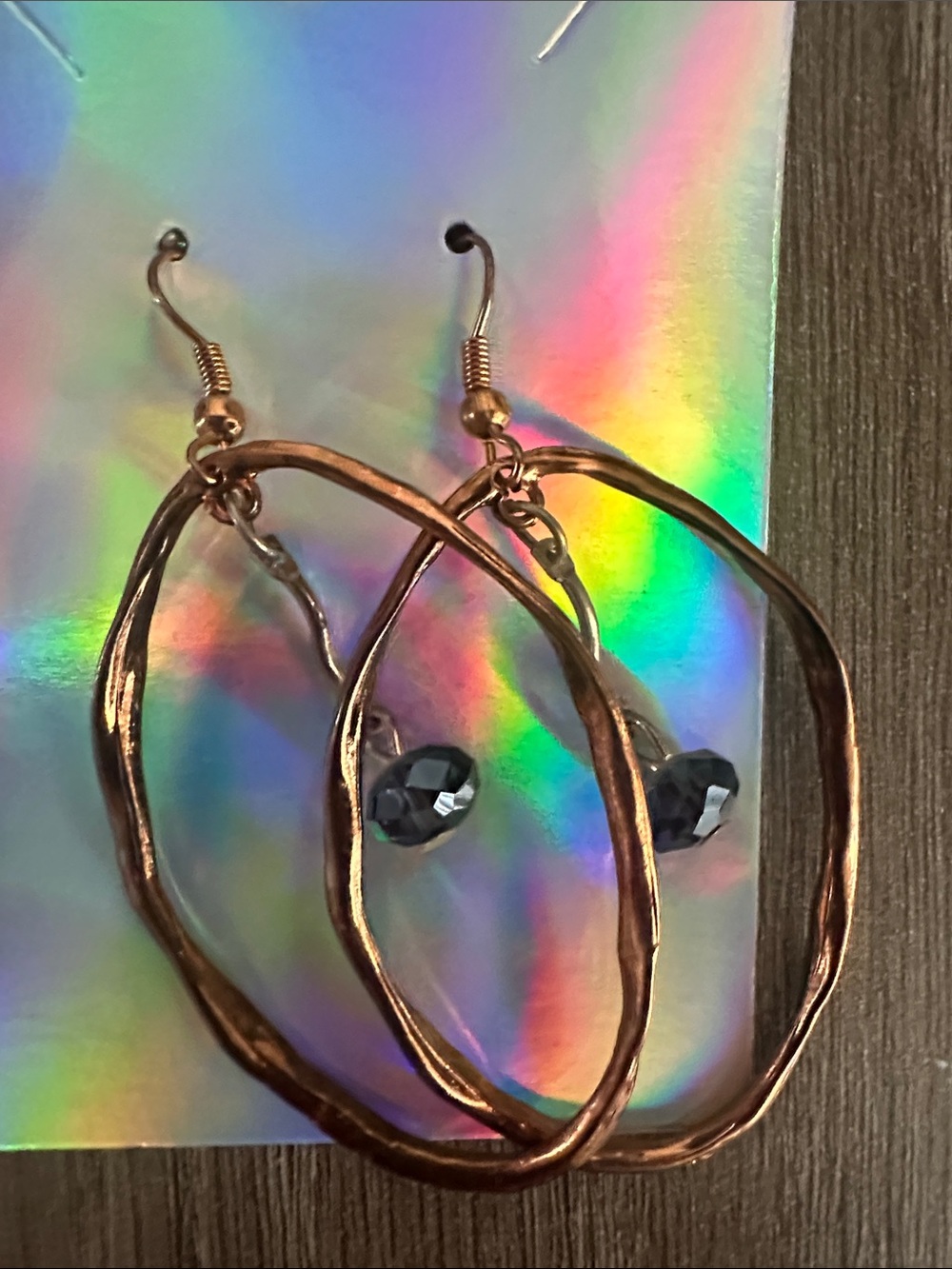 Hammered Gold Hoop Earrings with Black Faceted Drop - Women Jewelry